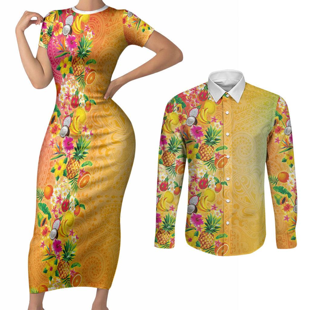 Hawaiian Tropical Fruits and Plants Couples Matching Short Sleeve Bodycon Dress and Long Sleeve Button Shirt Kakau Pattern Summer Vibe