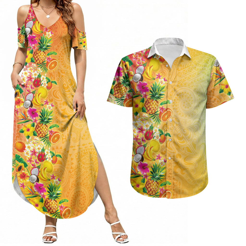 Hawaiian Tropical Fruits and Plants Couples Matching Summer Maxi Dress and Hawaiian Shirt Kakau Pattern Summer Vibe