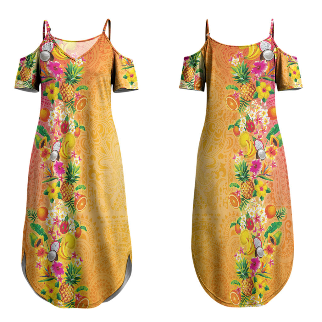 Hawaiian Tropical Fruits and Plants Couples Matching Summer Maxi Dress and Long Sleeve Button Shirt Kakau Pattern Summer Vibe
