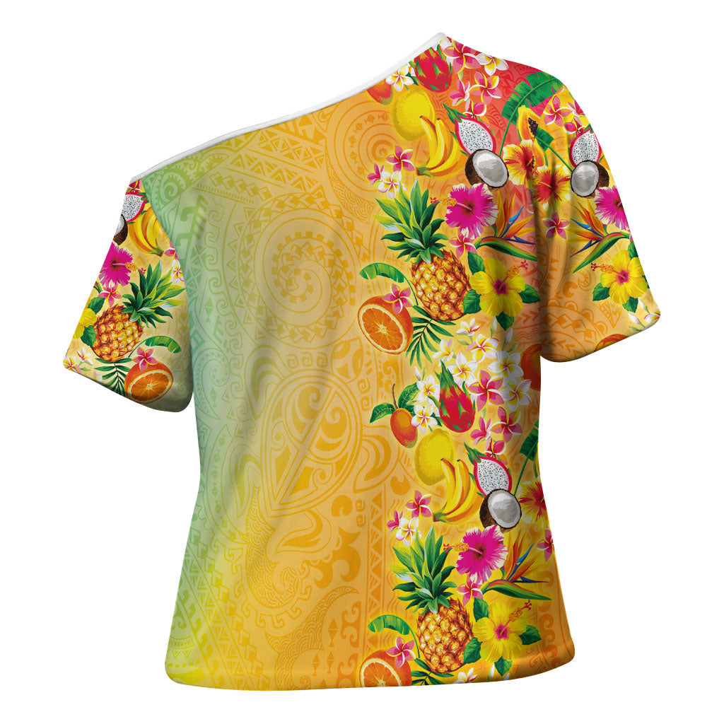 Hawaiian Tropical Fruits and Plants Cross Shoulder Shirt Kakau Pattern Summer Vibe