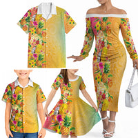 Hawaiian Tropical Fruits and Plants Family Matching Off The Shoulder Long Sleeve Dress and Hawaiian Shirt Kakau Pattern Summer Vibe