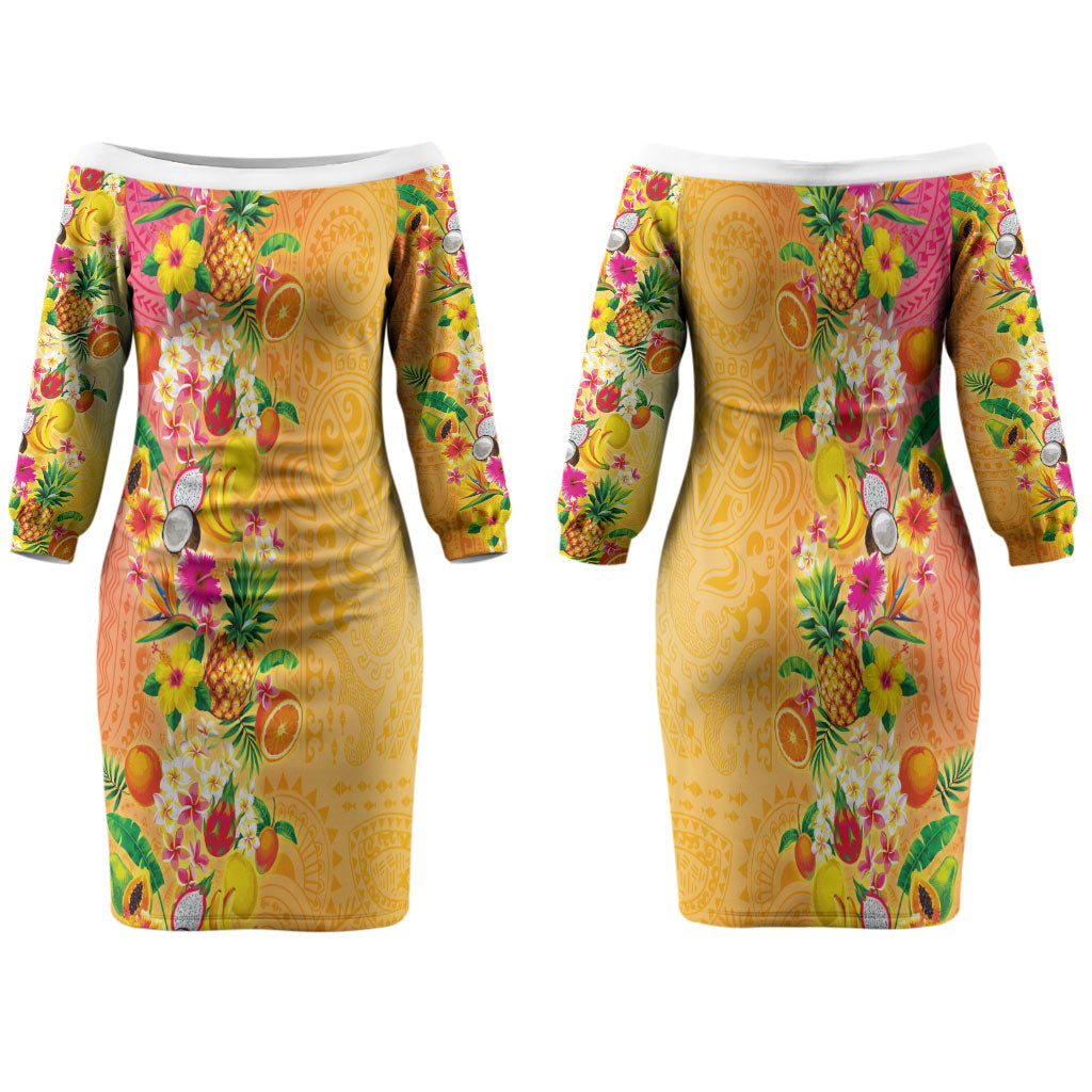 Hawaiian Tropical Fruits and Plants Family Matching Off The Shoulder Long Sleeve Dress and Hawaiian Shirt Kakau Pattern Summer Vibe