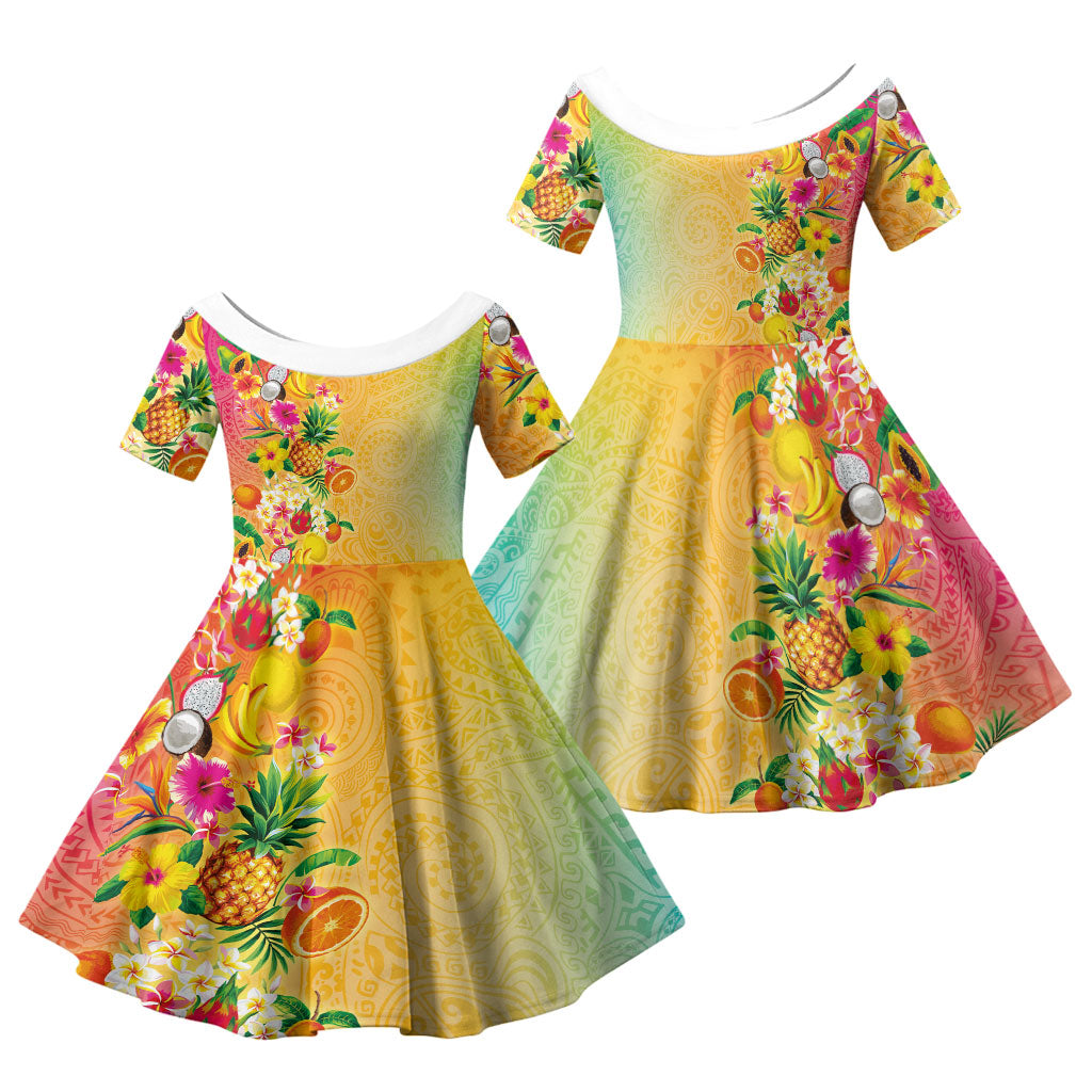 Hawaiian Tropical Fruits and Plants Family Matching Off Shoulder Short Dress and Hawaiian Shirt Kakau Pattern Summer Vibe