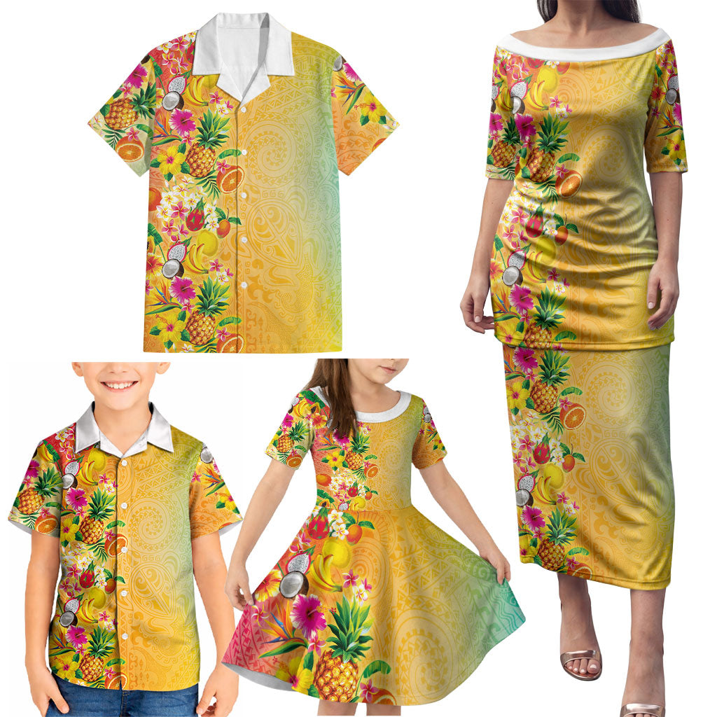 Hawaiian Tropical Fruits and Plants Family Matching Puletasi and Hawaiian Shirt Kakau Pattern Summer Vibe