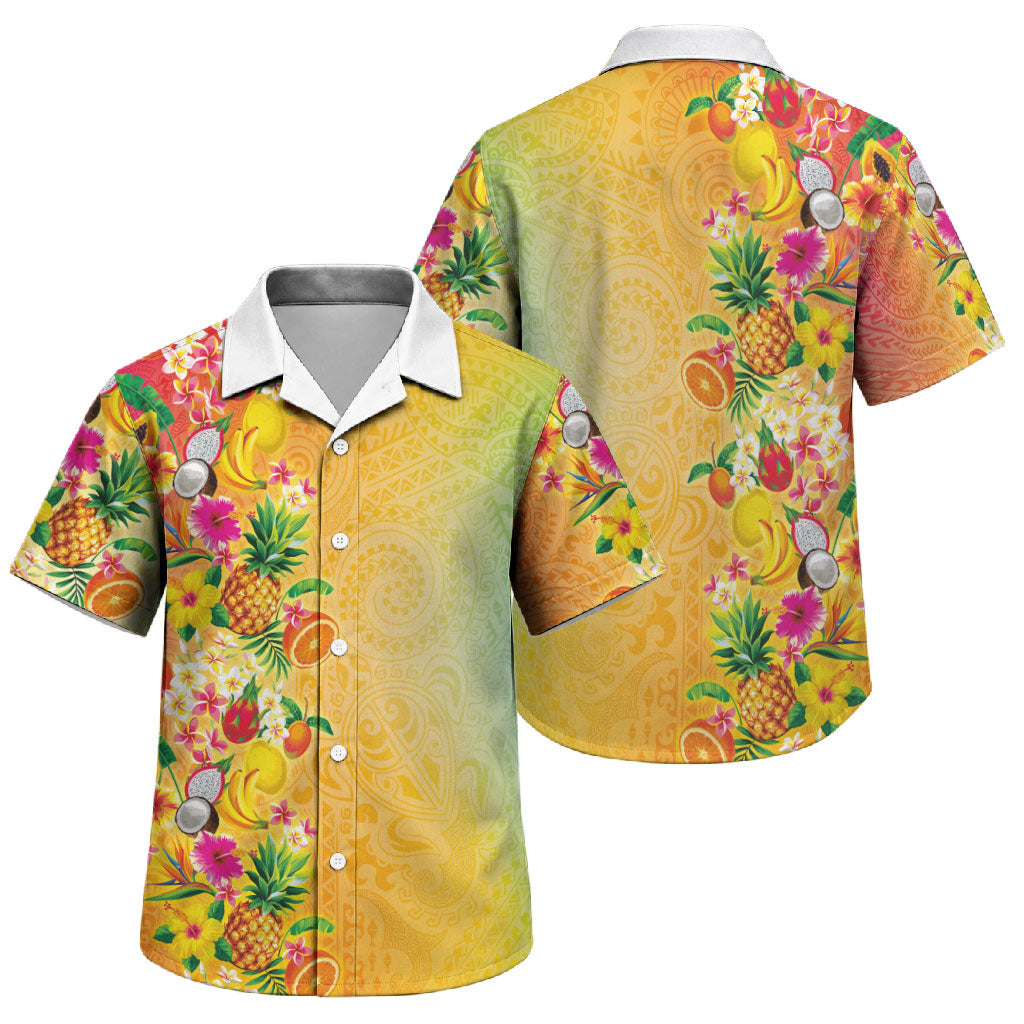 Hawaiian Tropical Fruits and Plants Family Matching Puletasi and Hawaiian Shirt Kakau Pattern Summer Vibe