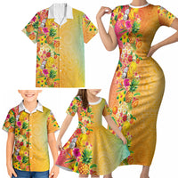 Hawaiian Tropical Fruits and Plants Family Matching Short Sleeve Bodycon Dress and Hawaiian Shirt Kakau Pattern Summer Vibe