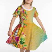 Hawaiian Tropical Fruits and Plants Kid Short Sleeve Dress Kakau Pattern Summer Vibe