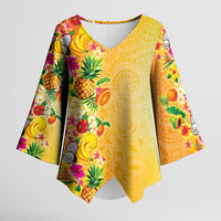 Hawaiian Tropical Fruits and Plants Kimono Sleeve Blouse Kakau Pattern Summer Vibe