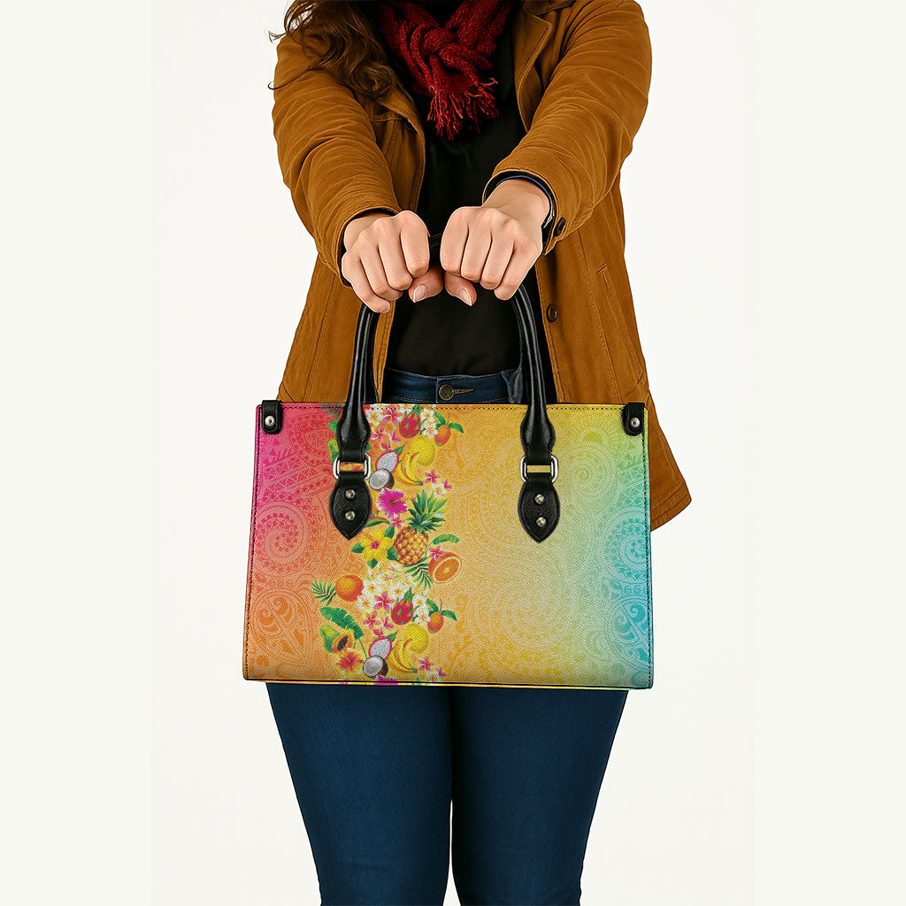Hawaiian Tropical Fruits and Plants Leather Bag Kakau Pattern Summer Vibe