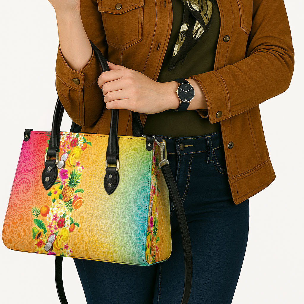 Hawaiian Tropical Fruits and Plants Leather Bag Kakau Pattern Summer Vibe