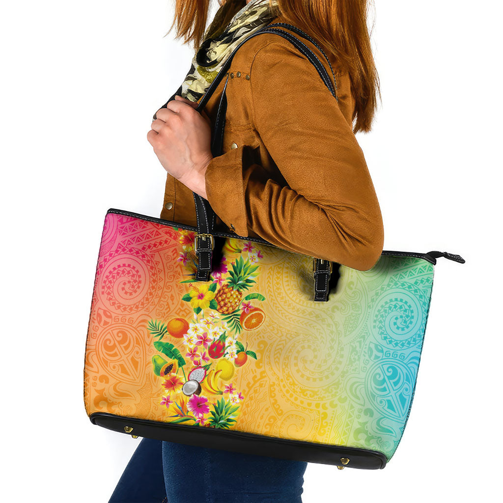 Hawaiian Tropical Fruits and Plants Leather Tote Bag Kakau Pattern Summer Vibe
