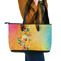 Hawaiian Tropical Fruits and Plants Leather Tote Bag Kakau Pattern Summer Vibe