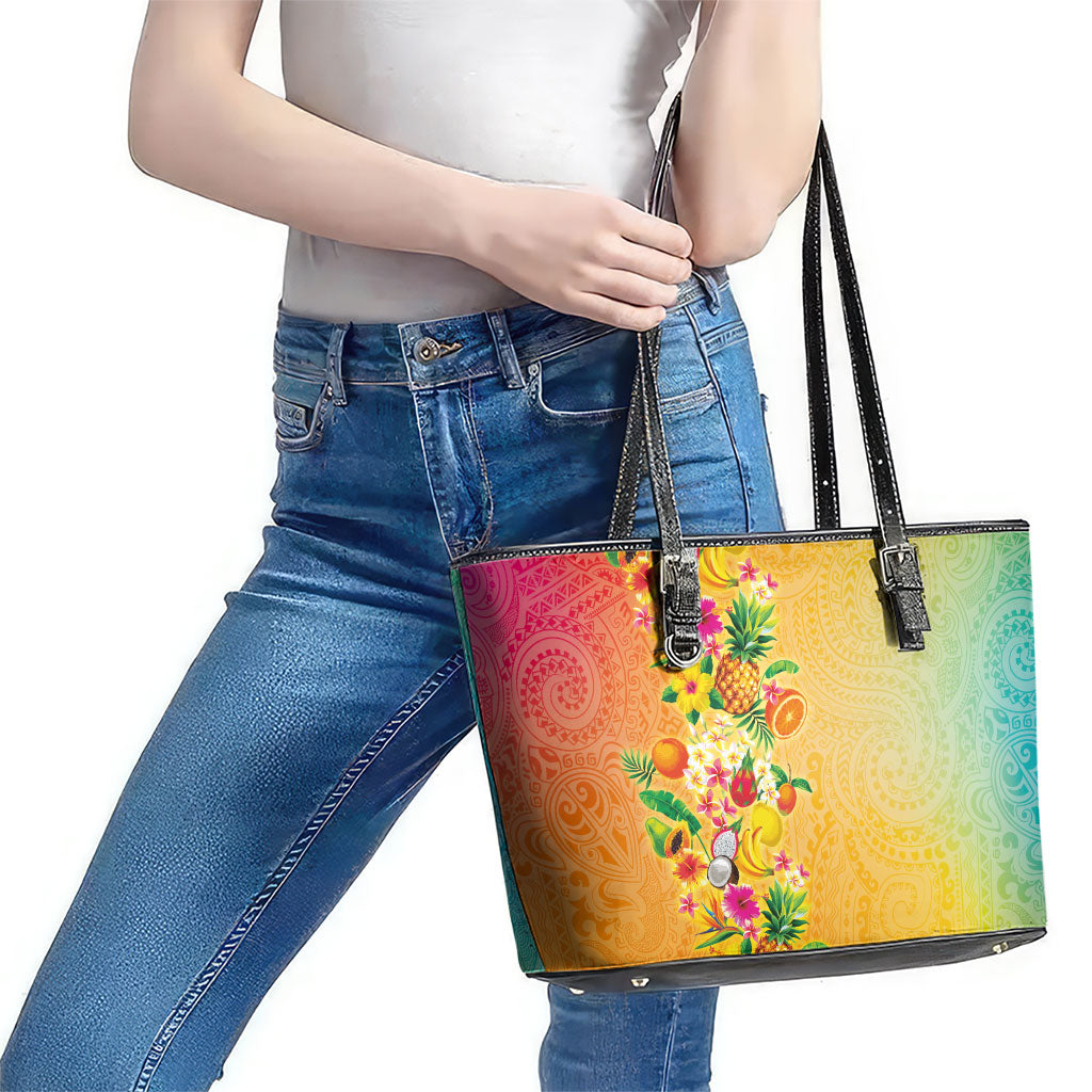 Hawaiian Tropical Fruits and Plants Leather Tote Bag Kakau Pattern Summer Vibe