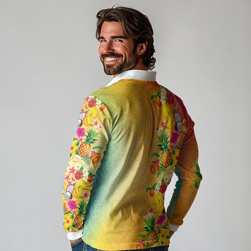 Hawaiian Tropical Fruits and Plants Long Sleeve Polo Shirt Kakau Pattern Summer Vibe