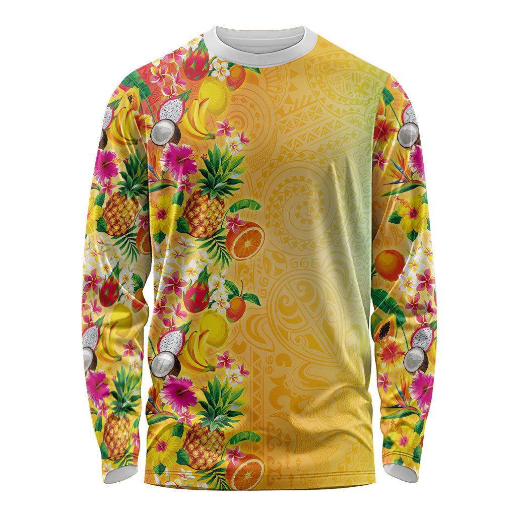 Hawaiian Tropical Fruits and Plants Long Sleeve Shirt Kakau Pattern Summer Vibe