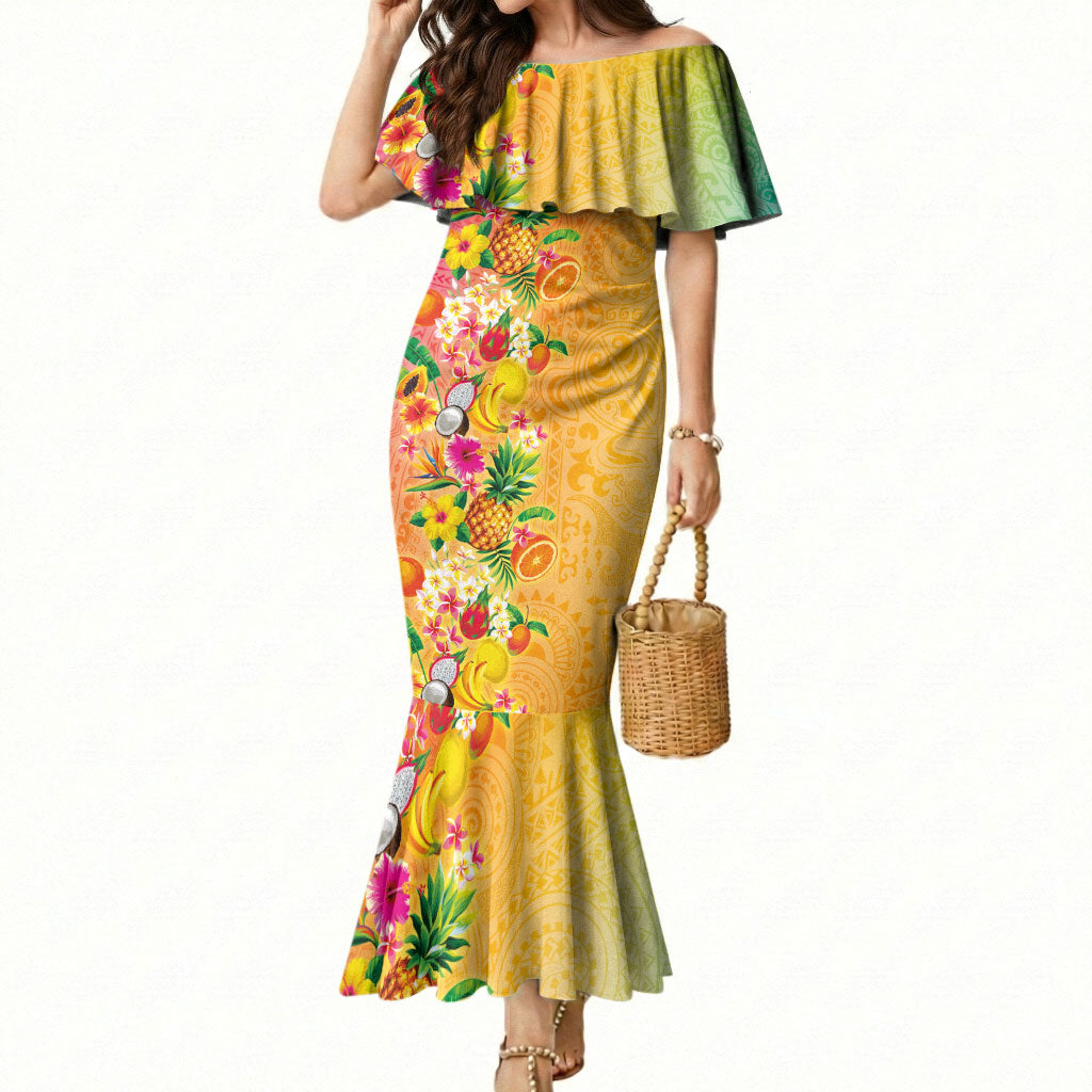 Hawaiian Tropical Fruits and Plants Mermaid Dress Kakau Pattern Summer Vibe