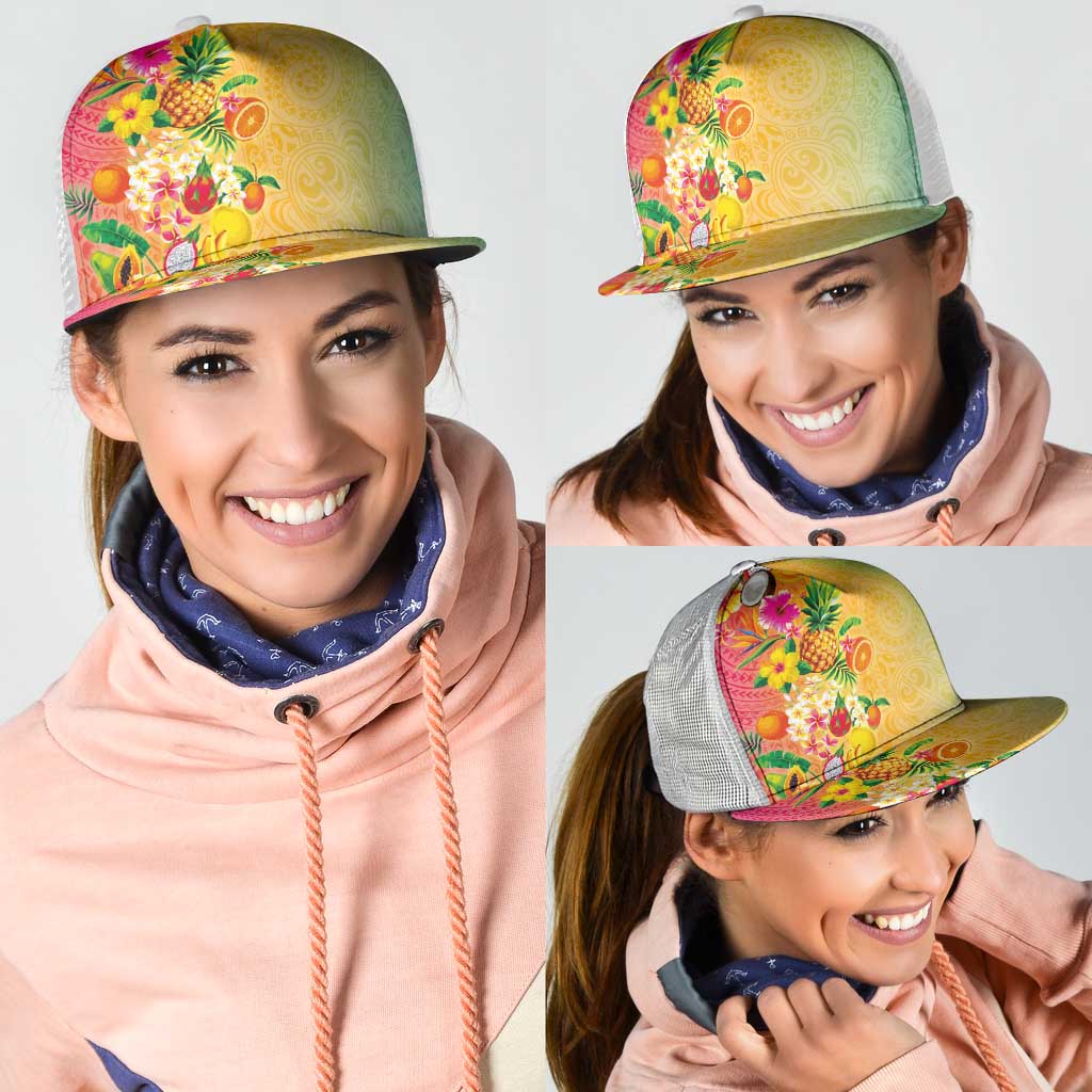 Hawaiian Tropical Fruits and Plants Mesh Trucker Cap Kakau Pattern Summer Vibe