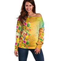 Hawaiian Tropical Fruits and Plants Off Shoulder Sweater Kakau Pattern Summer Vibe