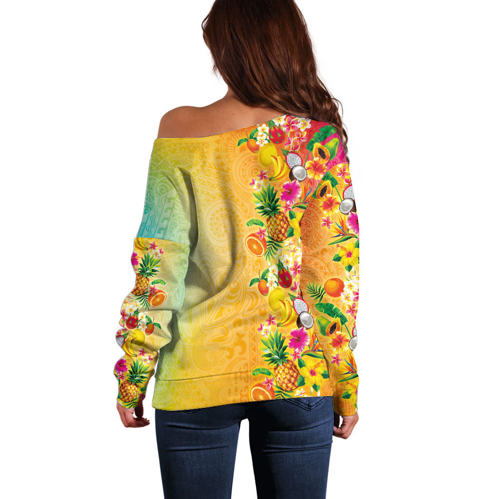 Hawaiian Tropical Fruits and Plants Off Shoulder Sweater Kakau Pattern Summer Vibe