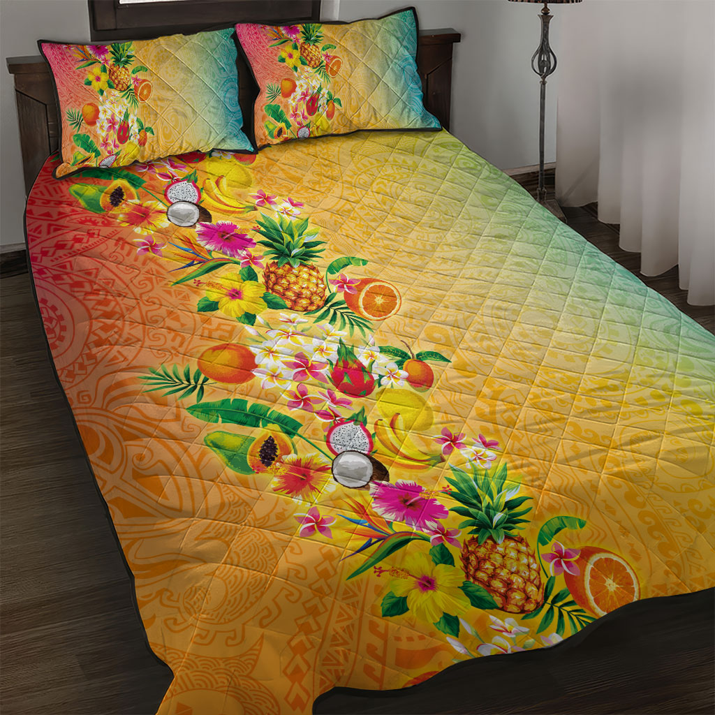 Hawaiian Tropical Fruits and Plants Quilt Bed Set Kakau Pattern Summer Vibe
