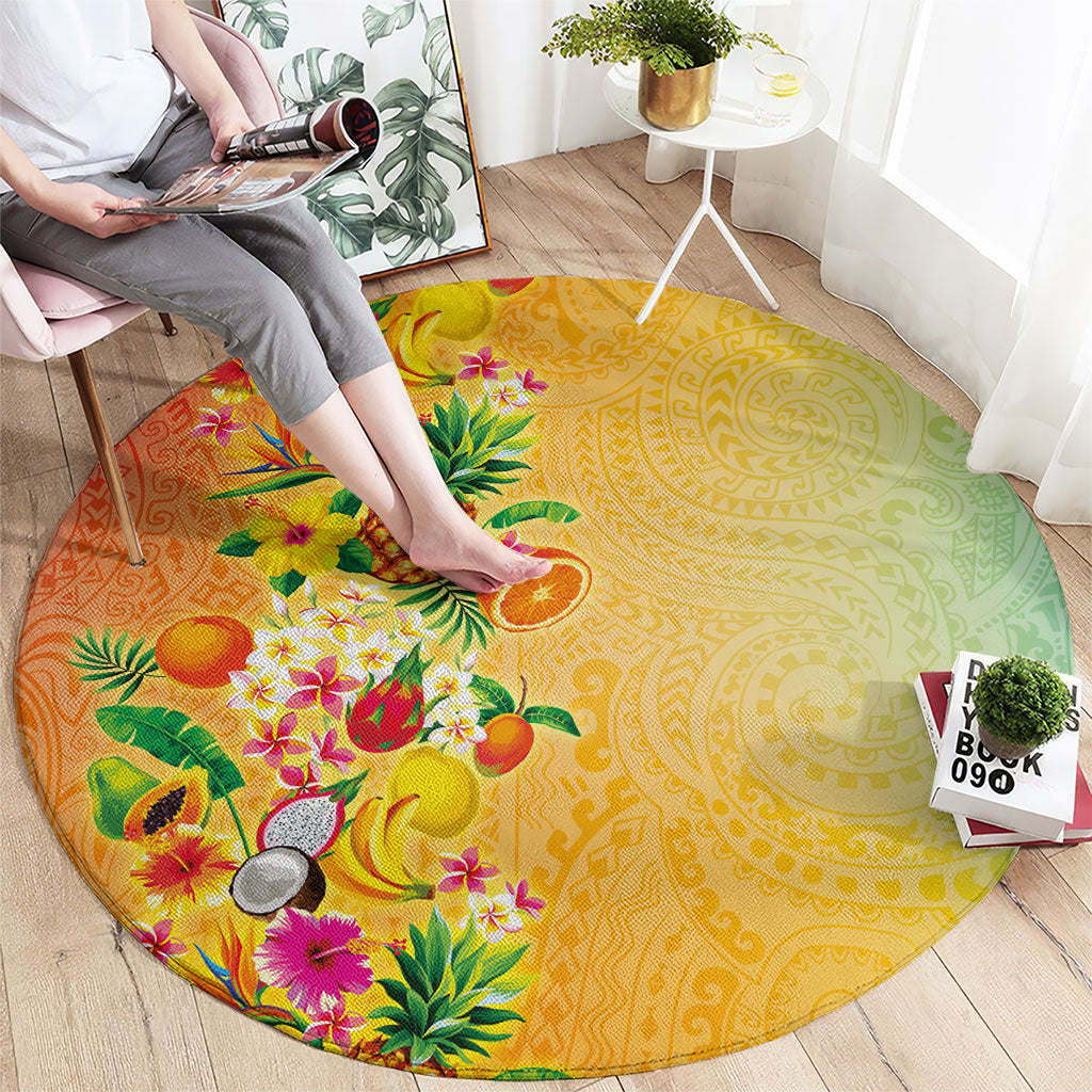 Hawaiian Tropical Fruits and Plants Round Carpet Kakau Pattern Summer Vibe