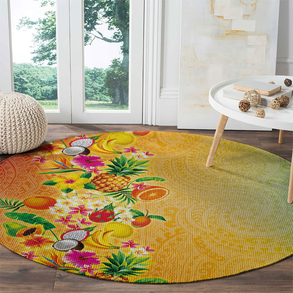 Hawaiian Tropical Fruits and Plants Round Carpet Kakau Pattern Summer Vibe