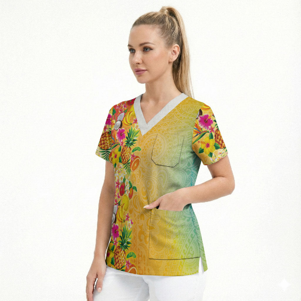 Hawaiian Tropical Fruits and Plants Scrub Top Kakau Pattern Summer Vibe