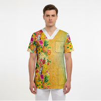 Hawaiian Tropical Fruits and Plants Scrub Top Kakau Pattern Summer Vibe