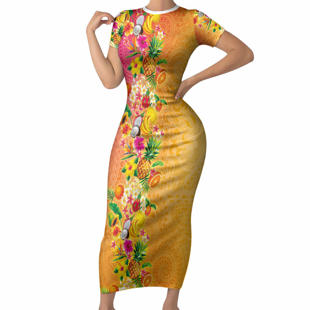 Hawaiian Tropical Fruits and Plants Short Sleeve Bodycon Dress Kakau Pattern Summer Vibe