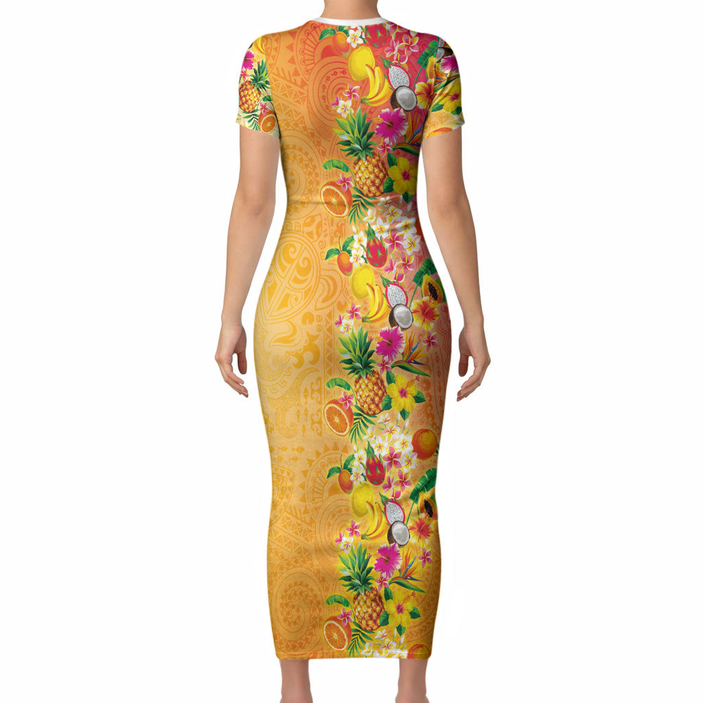 Hawaiian Tropical Fruits and Plants Short Sleeve Bodycon Dress Kakau Pattern Summer Vibe