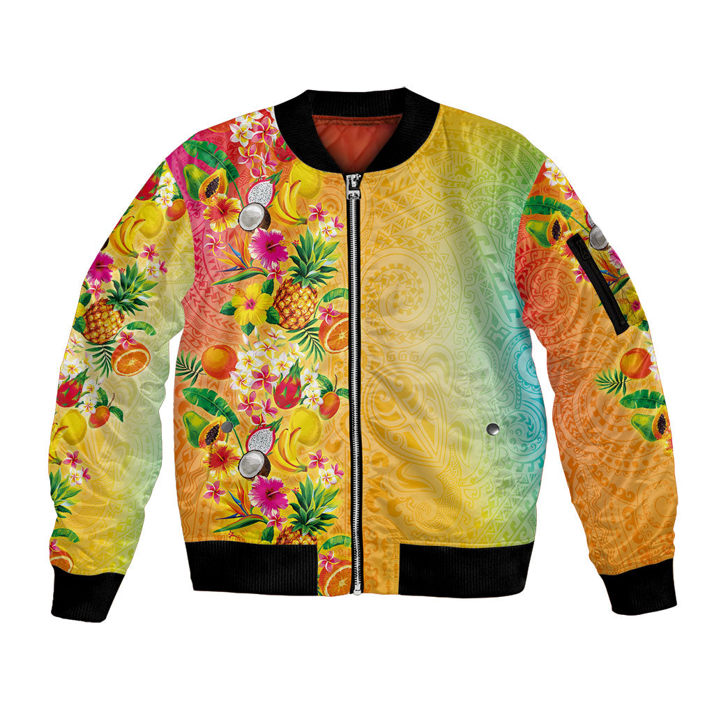 Hawaiian Tropical Fruits and Plants Sleeve Zip Bomber Jacket Kakau Pattern Summer Vibe