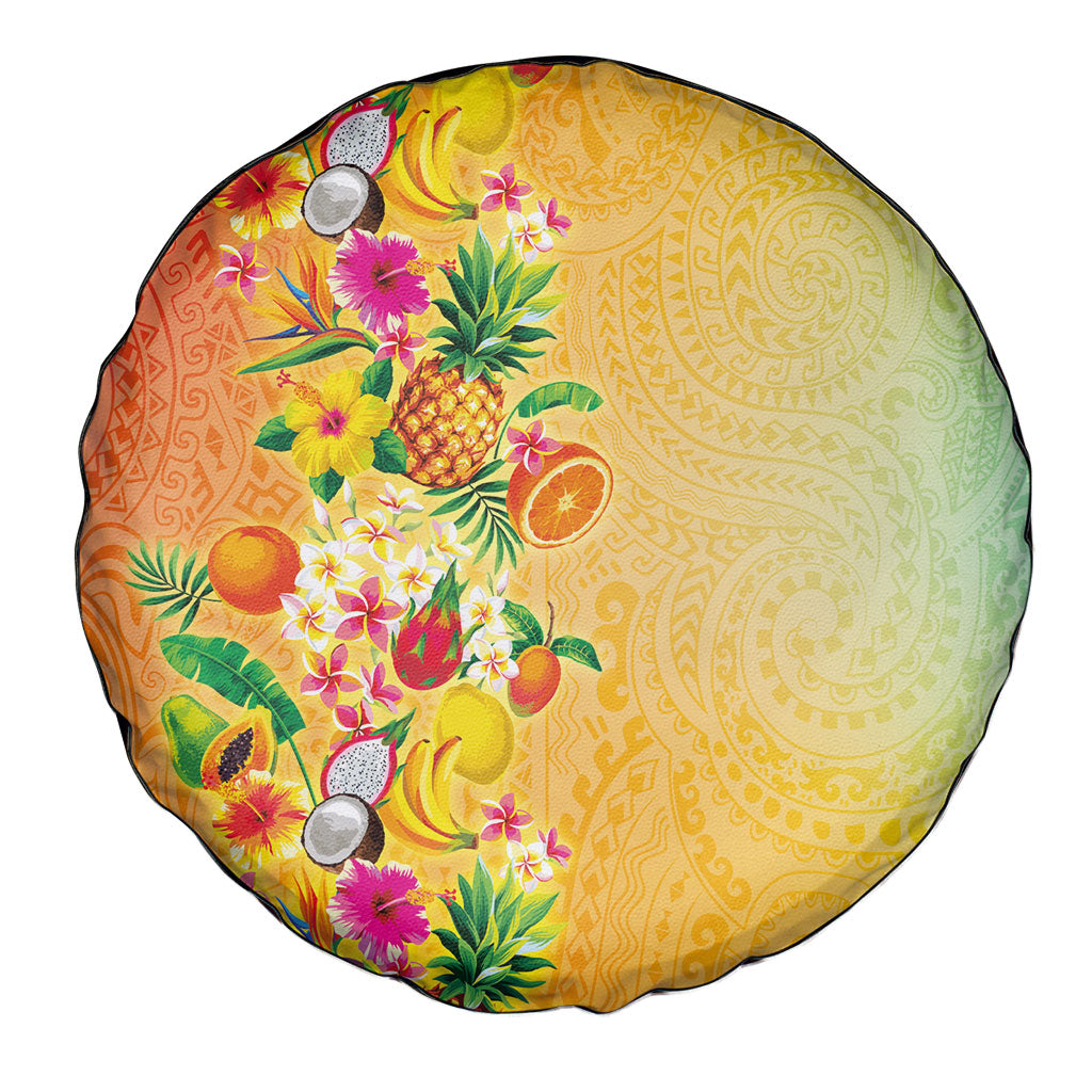 Hawaiian Tropical Fruits and Plants Spare Tire Cover Kakau Pattern Summer Vibe