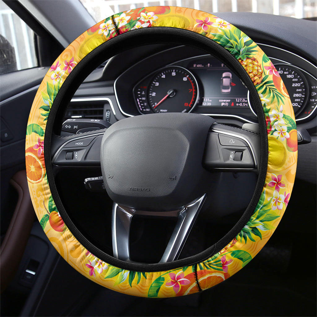Hawaiian Tropical Fruits and Plants Steering Wheel Cover Kakau Pattern Summer Vibe