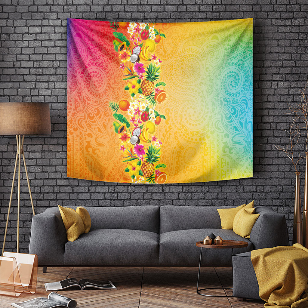 Hawaiian Tropical Fruits and Plants Tapestry Kakau Pattern Summer Vibe