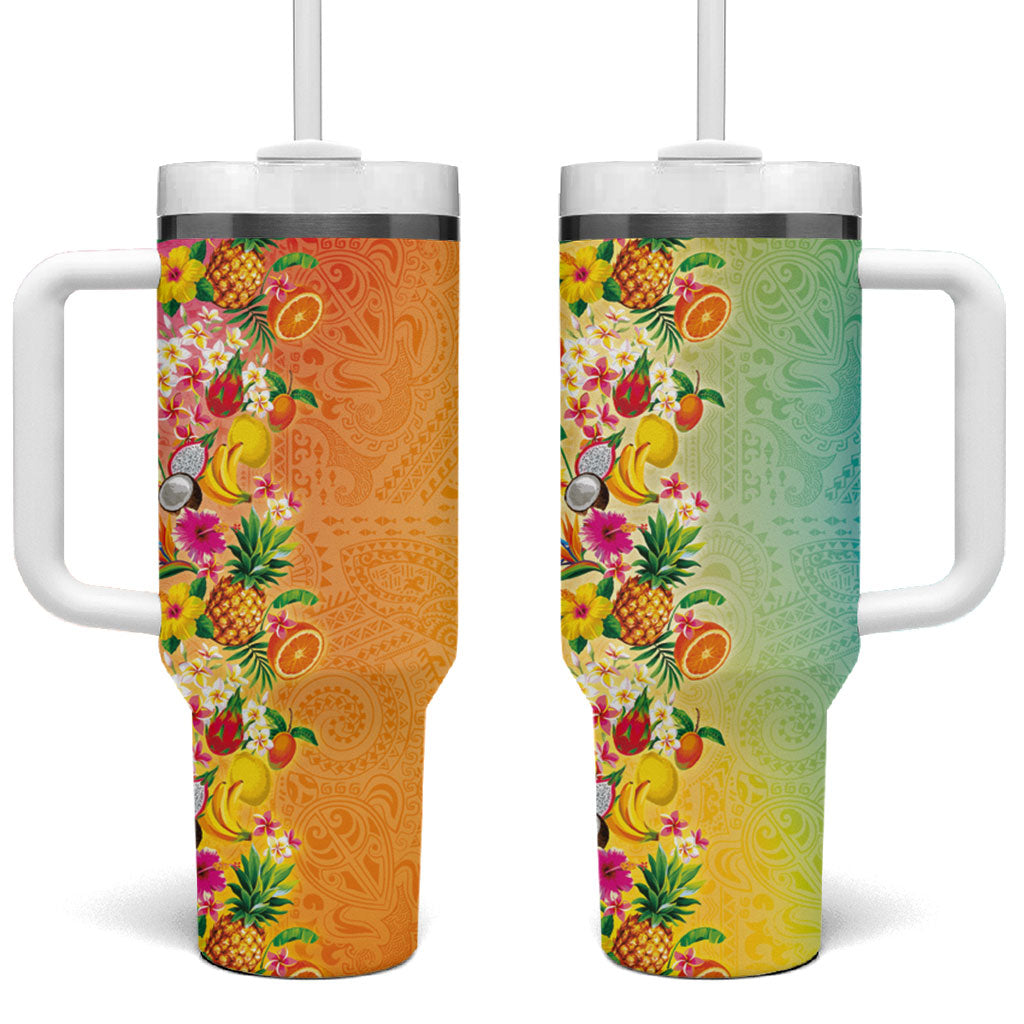 Hawaiian Tropical Fruits and Plants Tumbler With Handle Kakau Pattern Summer Vibe