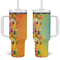 Hawaiian Tropical Fruits and Plants Tumbler With Handle Kakau Pattern Summer Vibe
