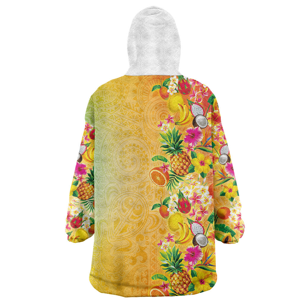 Hawaiian Tropical Fruits and Plants Wearable Blanket Hoodie Kakau Pattern Summer Vibe