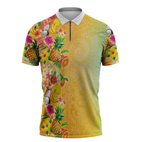 Hawaiian Tropical Fruits and Plants Zipper Polo Shirt Kakau Pattern Summer Vibe