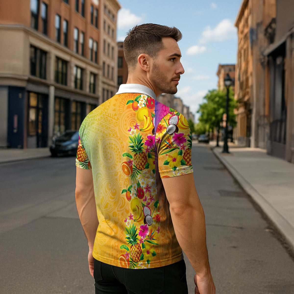 Hawaiian Tropical Fruits and Plants Zipper Polo Shirt Kakau Pattern Summer Vibe