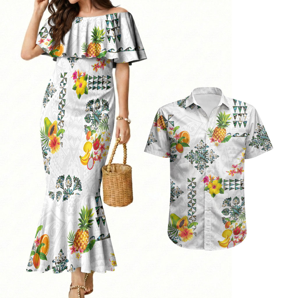 Hawaiian Quilts Couples Matching Mermaid Dress and Hawaiian Shirt Tropical Fruits and Plants LT03 White - Polynesian Pride