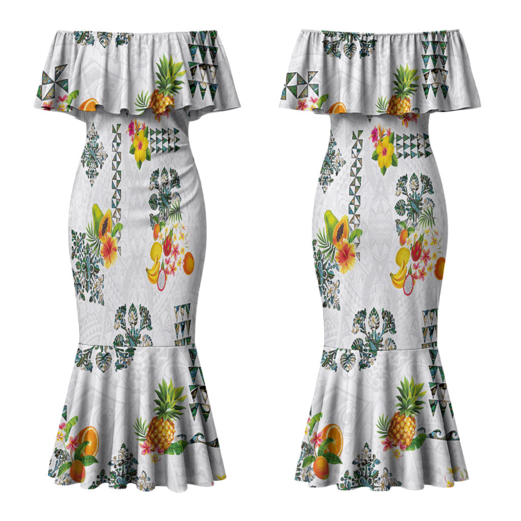 Hawaiian Quilts Couples Matching Mermaid Dress and Hawaiian Shirt Tropical Fruits and Plants