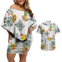 Hawaiian Quilts Couples Matching Off Shoulder Short Dress and Hawaiian Shirt Tropical Fruits and Plants