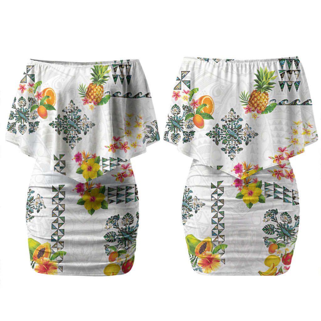Hawaiian Quilts Couples Matching Off Shoulder Short Dress and Long Sleeve Button Shirt Tropical Fruits and Plants