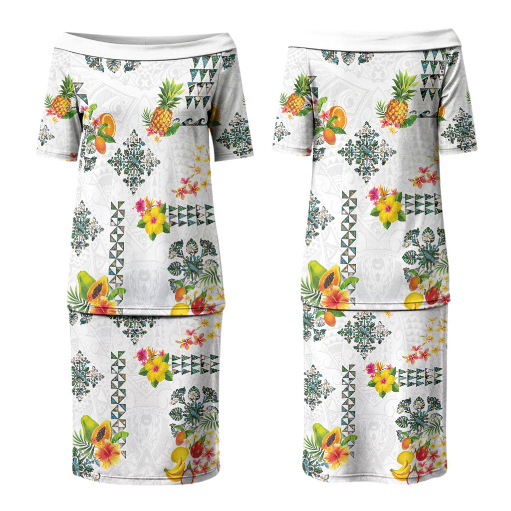 Hawaiian Quilts Couples Matching Puletasi and Long Sleeve Button Shirt Tropical Fruits and Plants