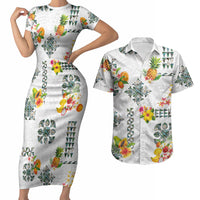 Hawaiian Quilts Couples Matching Short Sleeve Bodycon Dress and Hawaiian Shirt Tropical Fruits and Plants