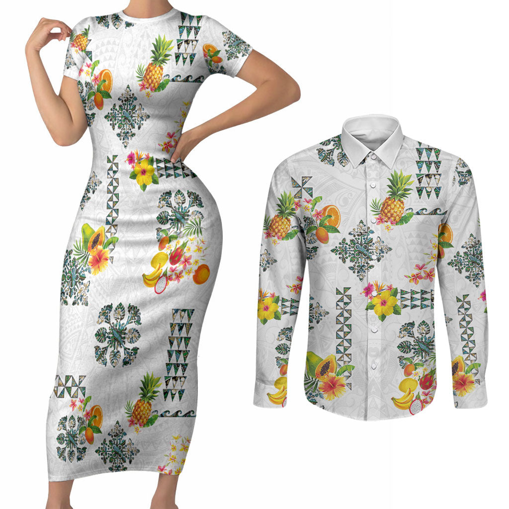 Hawaiian Quilts Couples Matching Short Sleeve Bodycon Dress and Long Sleeve Button Shirt Tropical Fruits and Plants