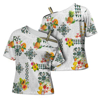 Hawaiian Quilts Cross Shoulder Shirt Tropical Fruits and Plants