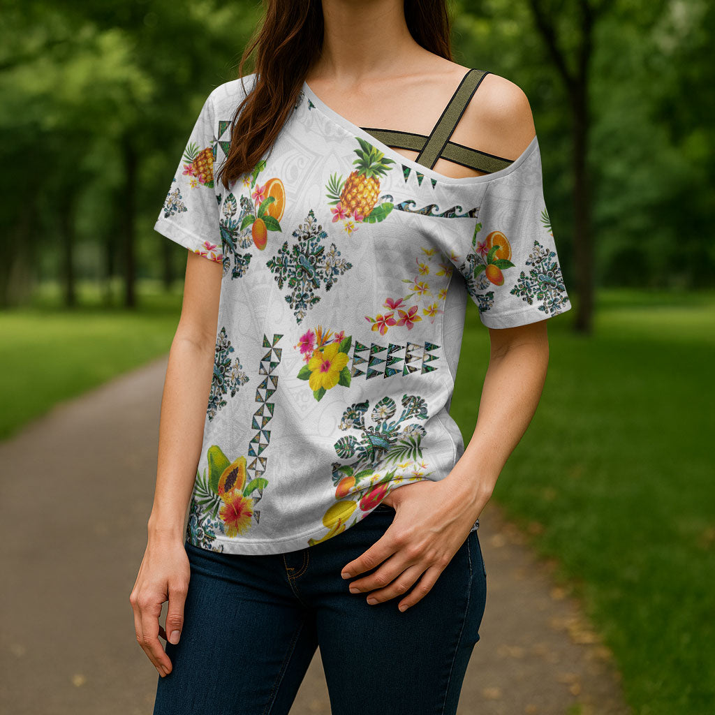 Hawaiian Quilts Cross Shoulder Shirt Tropical Fruits and Plants