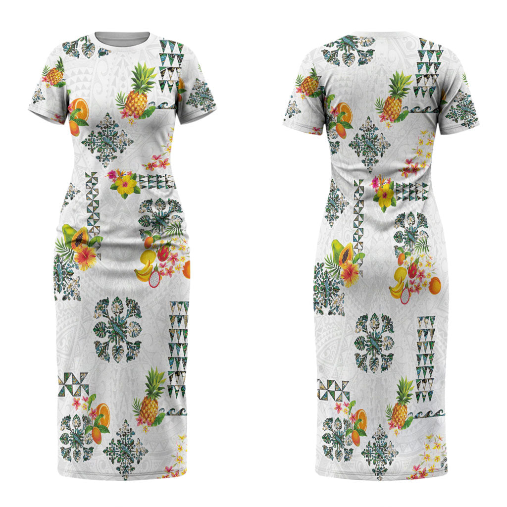 Hawaiian Quilts Family Matching Short Sleeve Bodycon Dress and Hawaiian Shirt Tropical Fruits and Plants