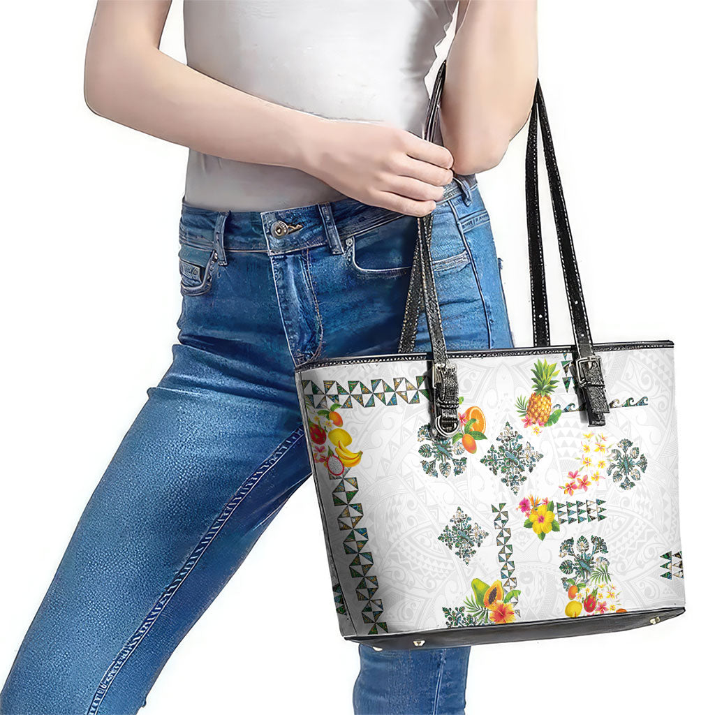 Hawaiian Quilts Leather Tote Bag Tropical Fruits and Plants